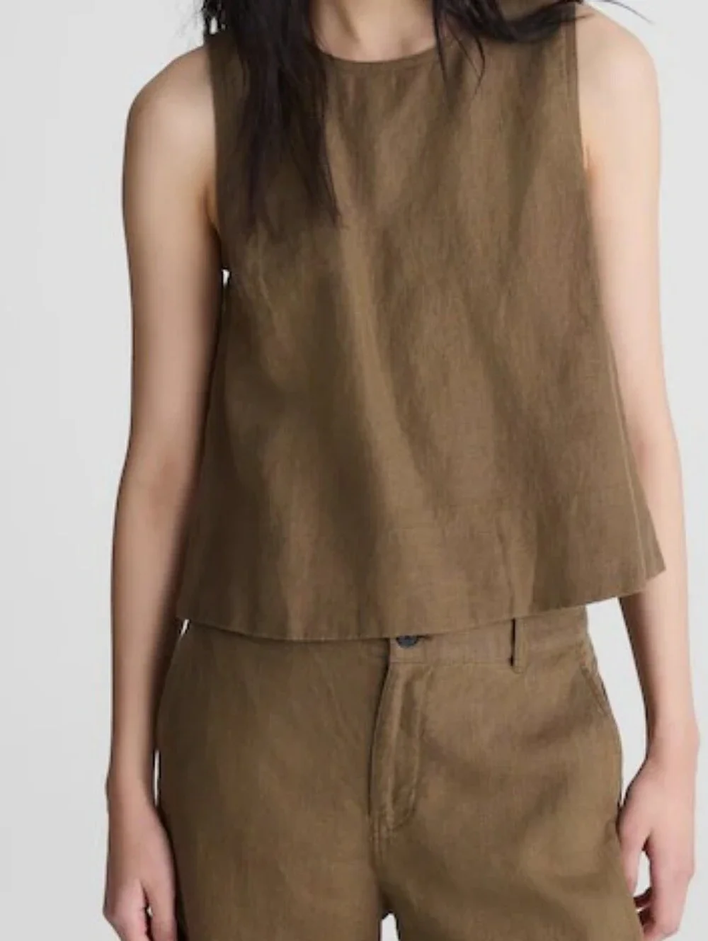 Madewell Olive Green Sleeveless Linen-Blend Crop Tank - Picture 3 of 8